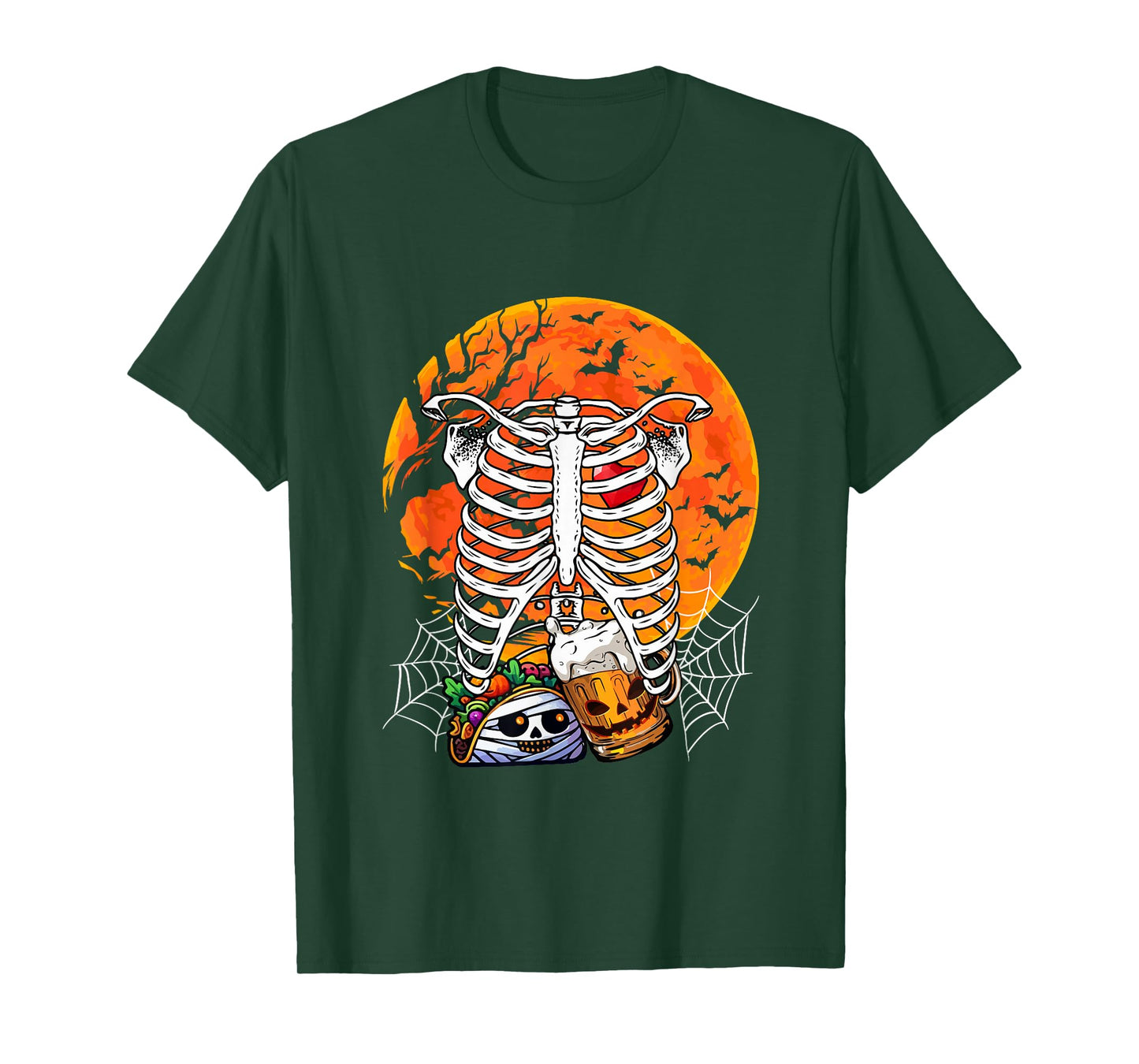 Horror Beer Taco Inside Rib Cage X-ray Skeleton Halloween T-Shirt