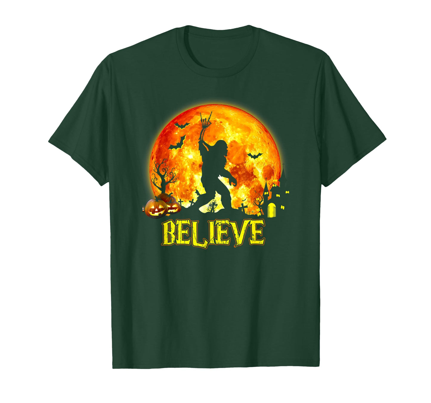 Believe Bigfoot Rock On Halloween Skeleton Hand Sasquatch T-Shirt