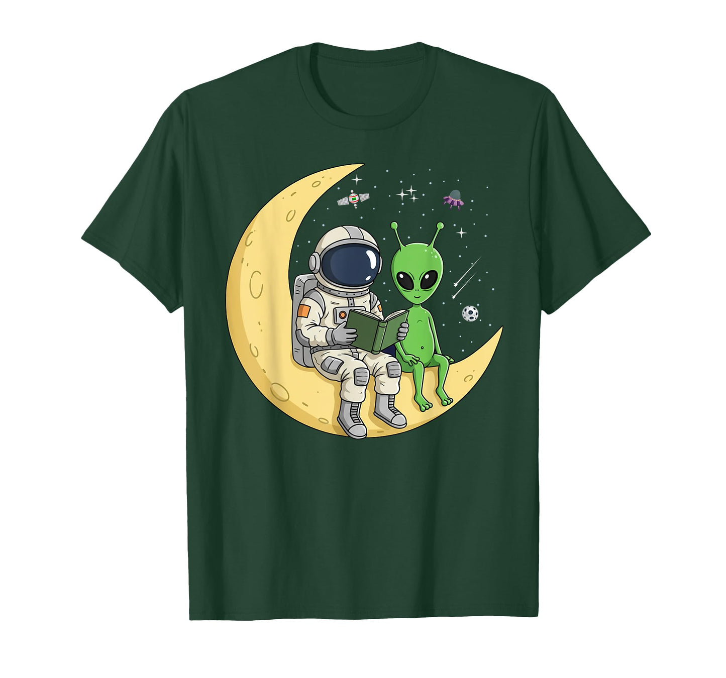 Astronaut Reading Book To Alien Moon Space Women Kids Men T-Shirt