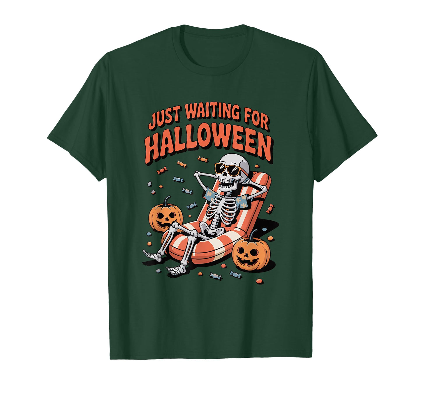 Just Waiting for Halloween Skeleton Summer Pumkin Halloweeen T-Shirt