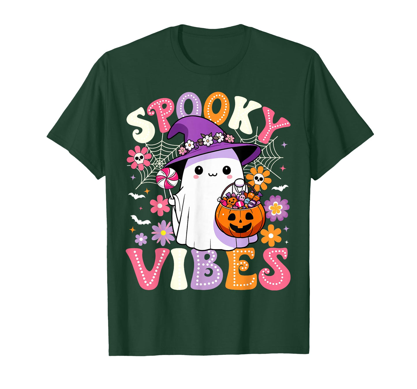 Groovy Spooky Vibes Retro Ghost Holding Pumpkin Halloween T-Shirt