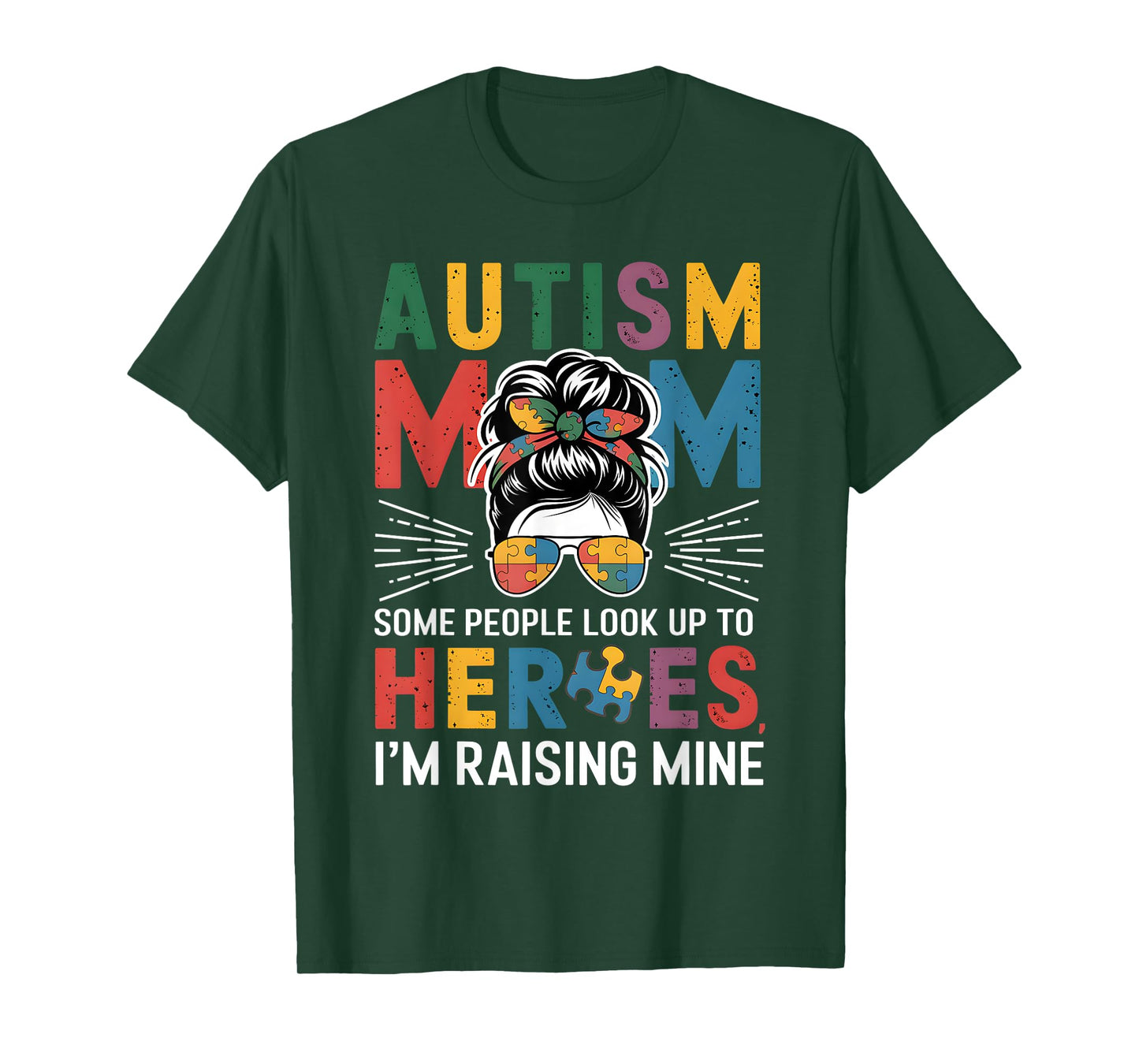 Autism Mom Raising Hero Groovy Messy Bun Autism Awareness T-Shirt