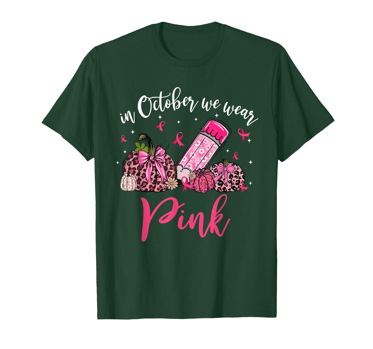 In October We Wear Pink Apple Teacher Daisy Breast Cancer T-Shirt