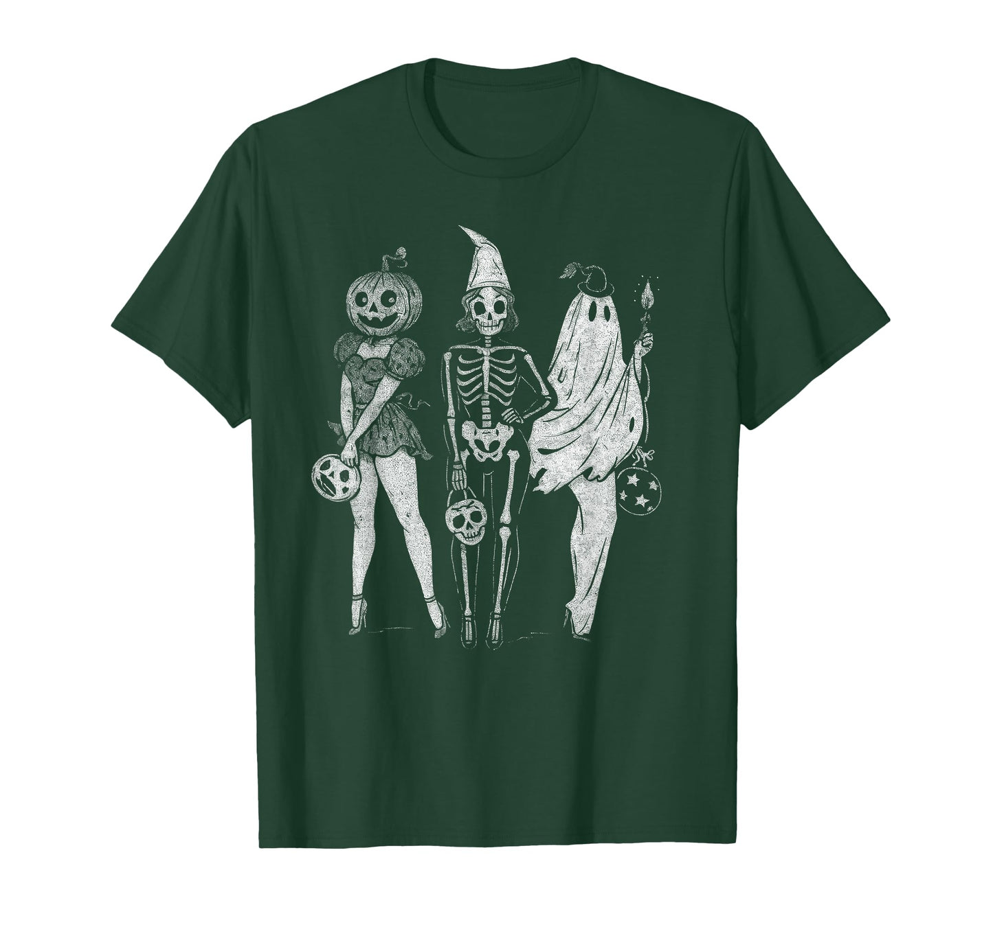 Vintage Halloween Pumpkin Skeleton Ghost Trio T-Shirt