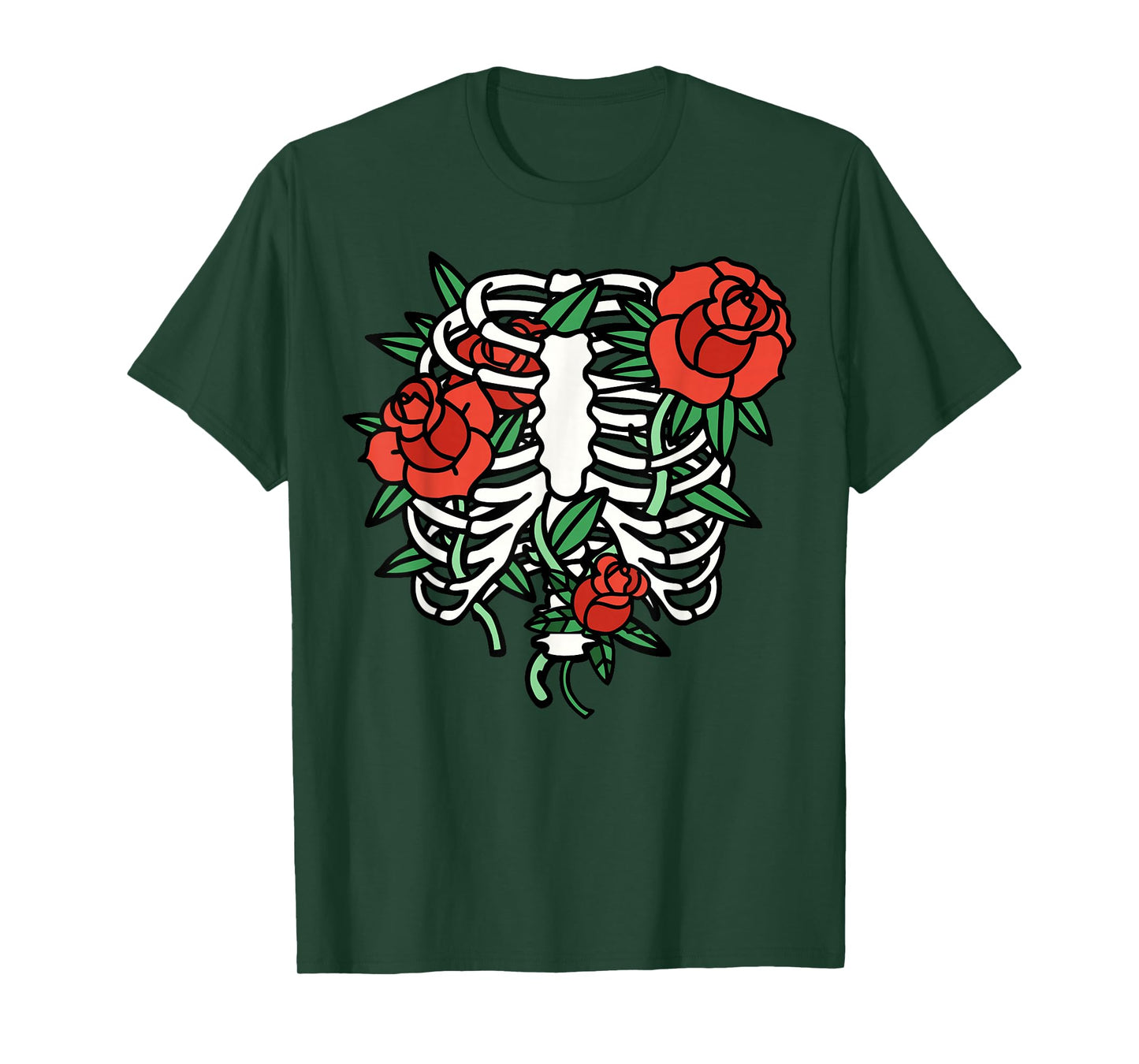 Goth Skeleton Ribcage Red Roses T-Shirt