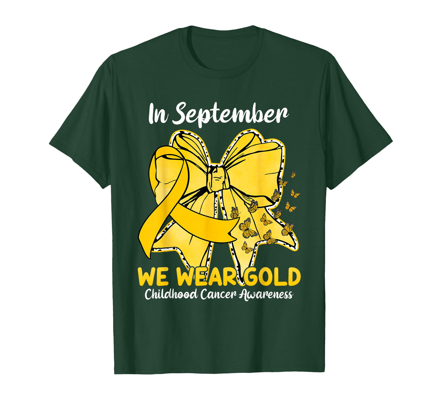 Coquette Bow and Butterfly Ribbon in September We Wear Gold T-Shirt