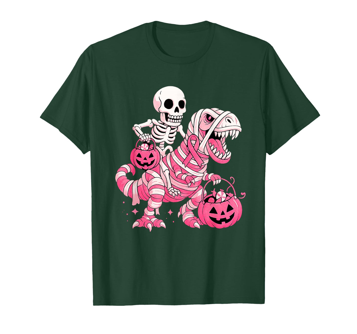 Skeleton Riding Mummy Dinosaur T Rex Pumpkin Breast Cancer T-Shirt