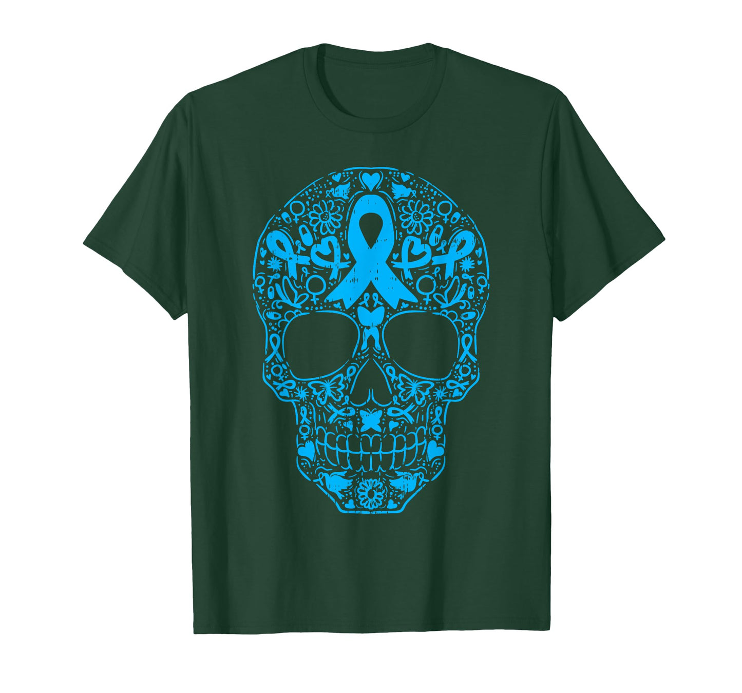 Sugar Skull Light Blue Ribbon Prostate Cancer Awareness T-Shirt