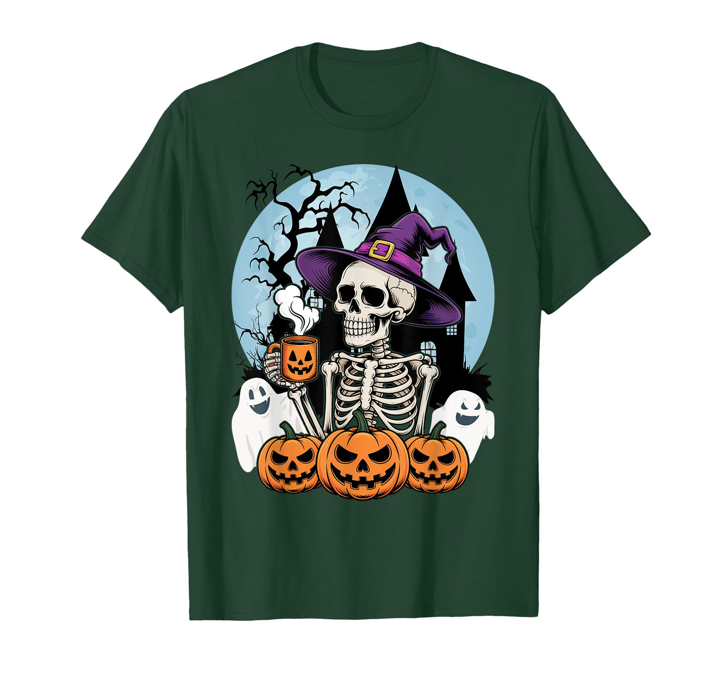 Skeleton Drinking Coffee Halloween Costume Pumpkin Ghost T-Shirt