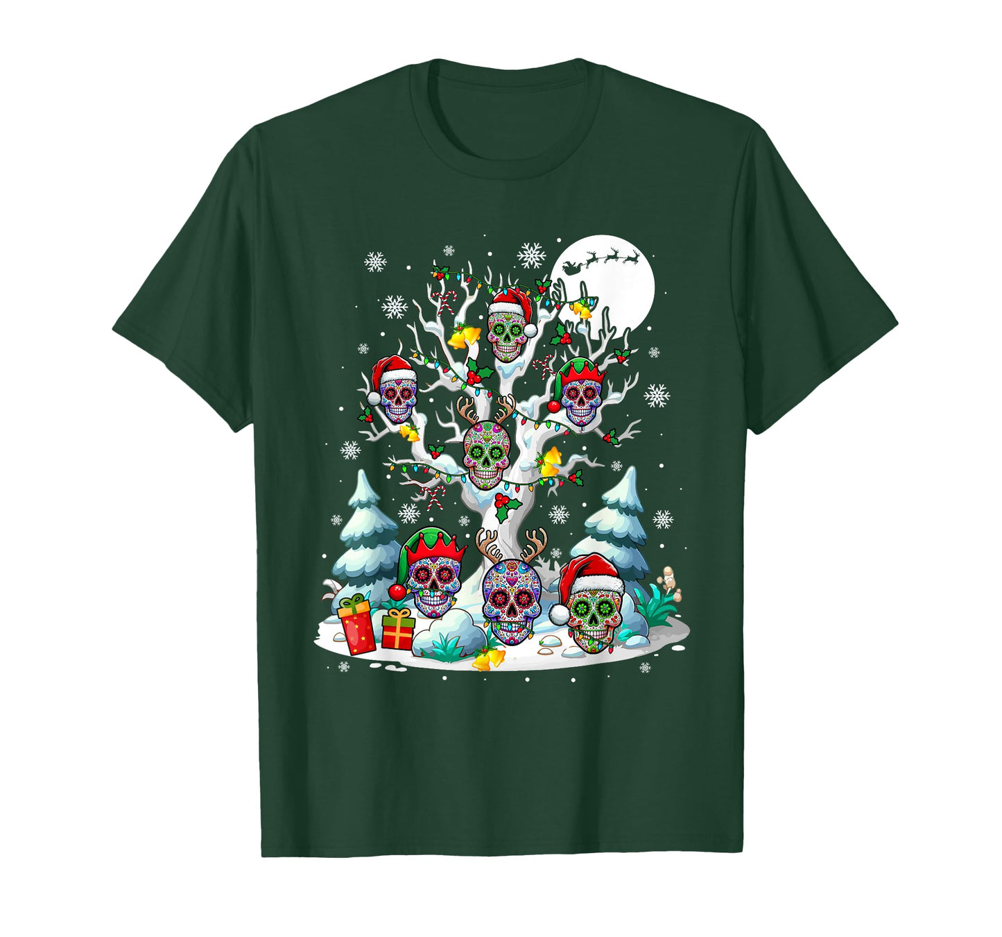 Group Santa Floral Skulls On Xmas Tree Snow Colorful Lights T-Shirt