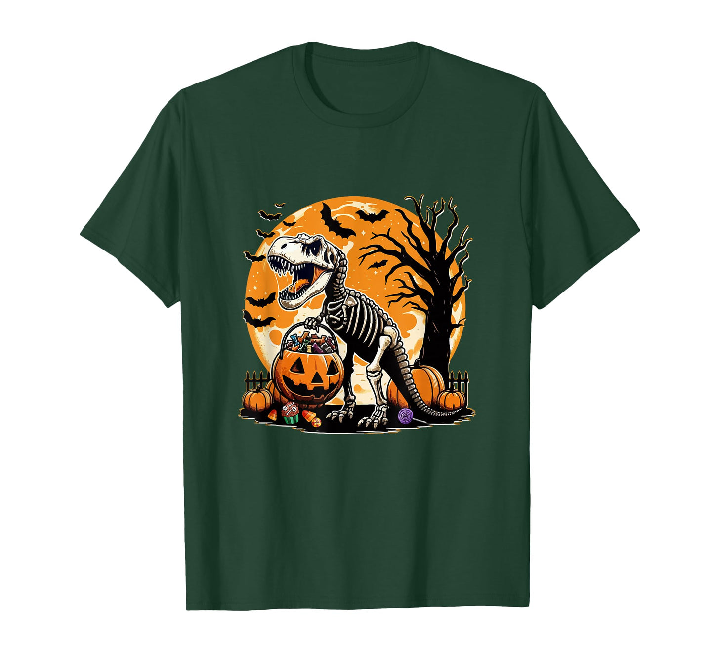 T-rex Skeleton Holding Halloween Candy Carved Pumpkin Basket T-Shirt