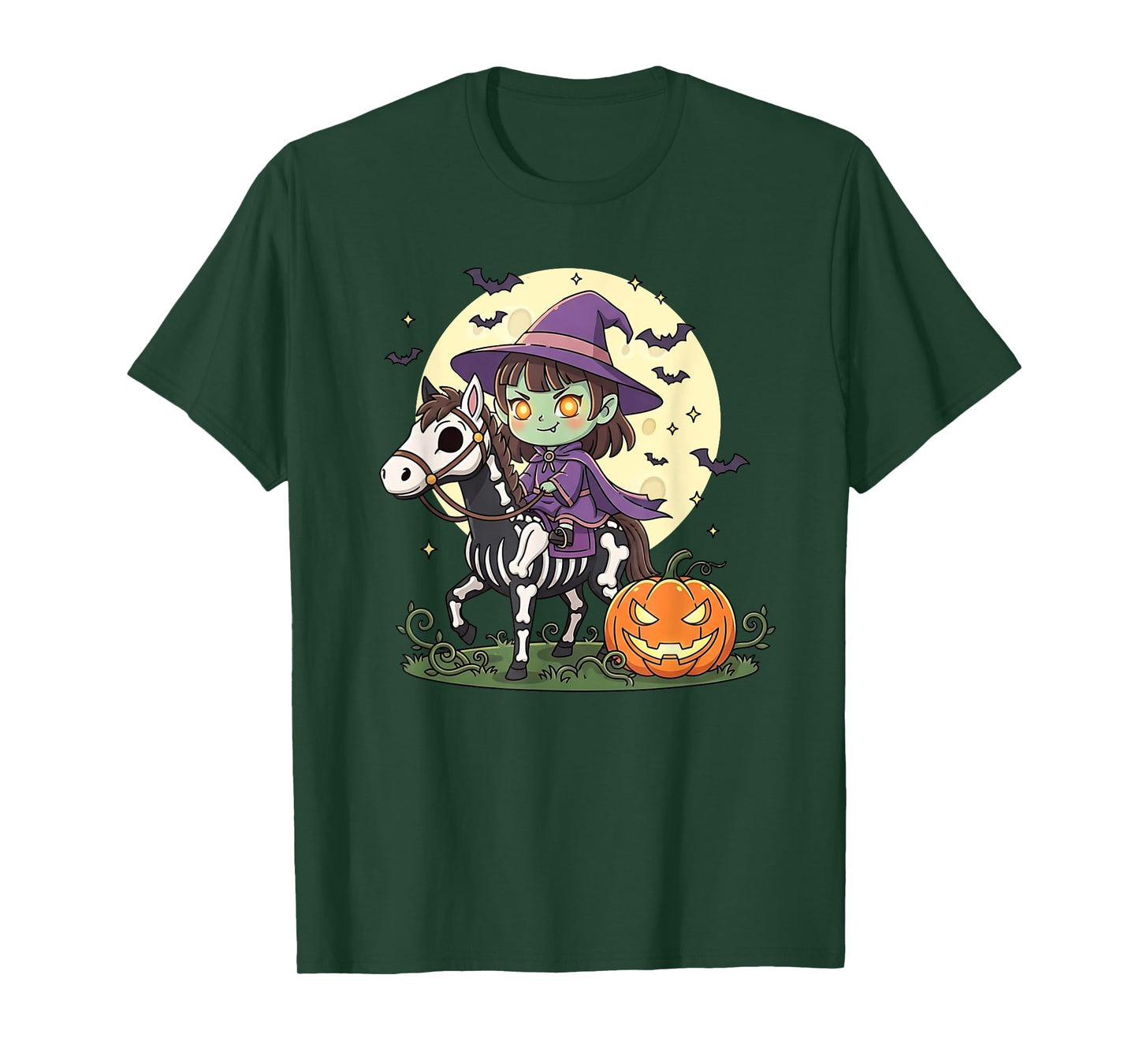 Halloween Girl Witch Riding Horse Skeleton Cute Graphic T-Shirt