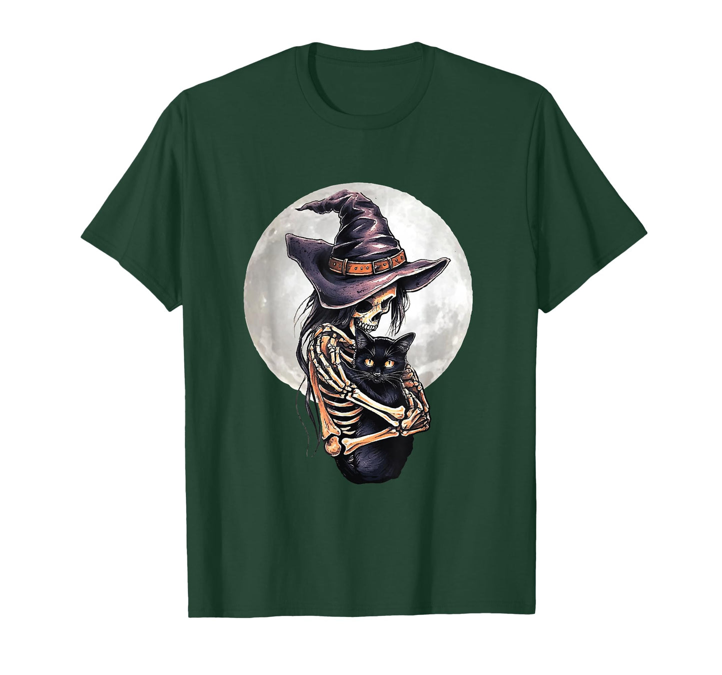 Witch Skeleton Holding Black Cat Full Moon Spooky Halloween T-Shirt