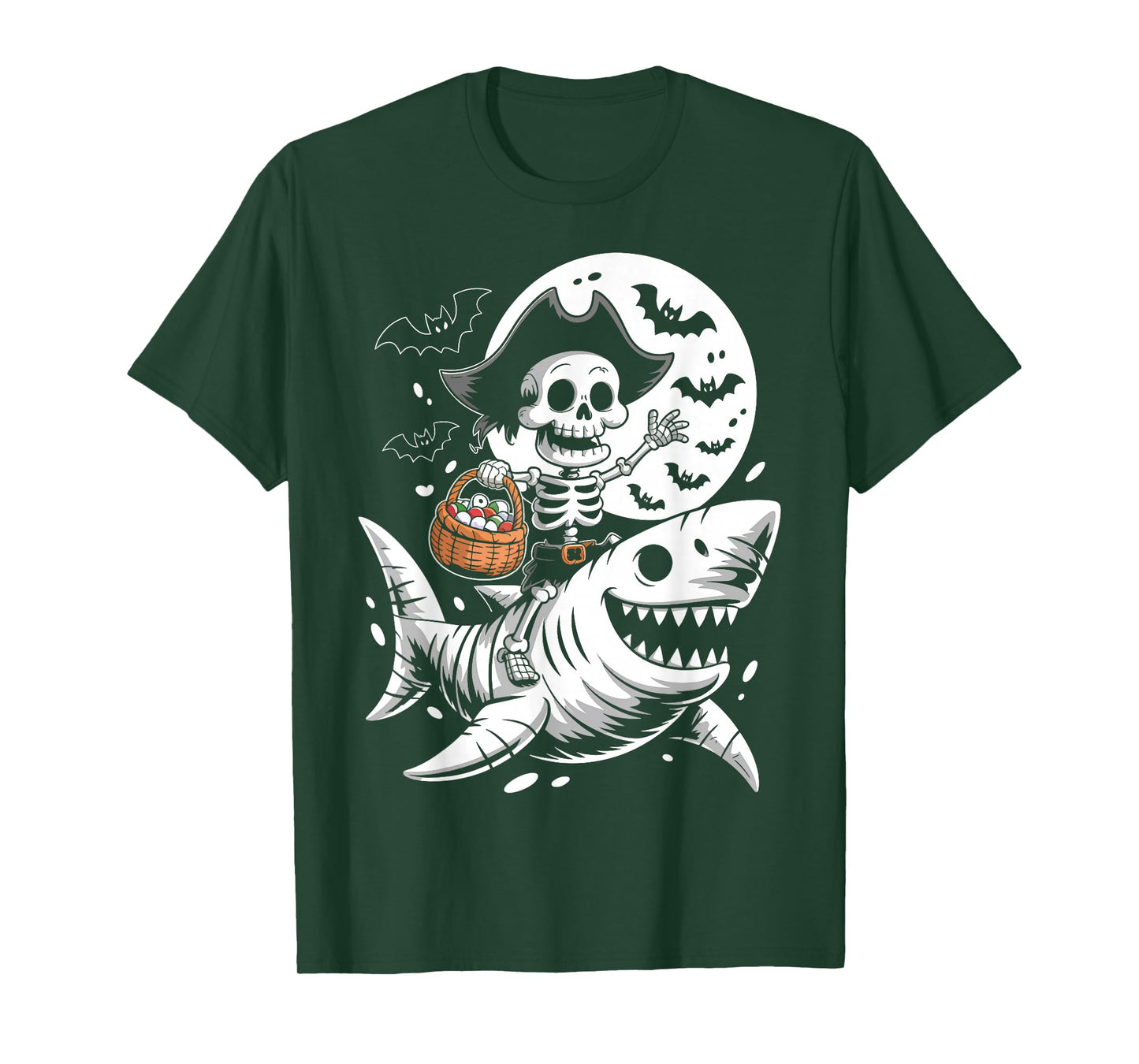 Skeleton Riding Mummy Shark Funny Halloween Pumpkin T-Shirt
