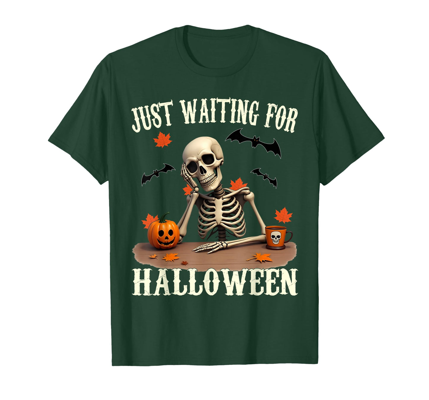 Retro Just Waiting for Halloween Skeleton Drinking Coffee T-Shirt