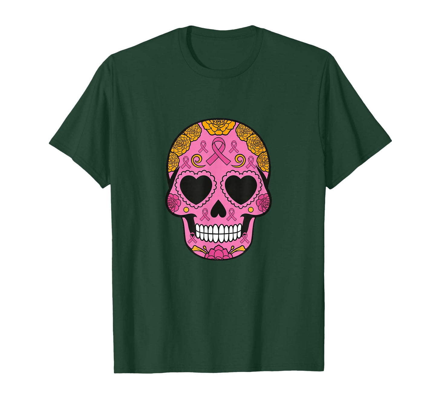 Sugar Skull Breast Cancer Awareness Pink Ribbon Calavera T-Shirt