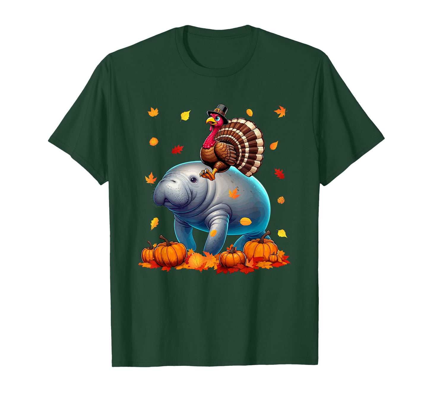 Turkey Riding Manatee Thanksgiving Fall Leaves Pumpkins T-Shirt