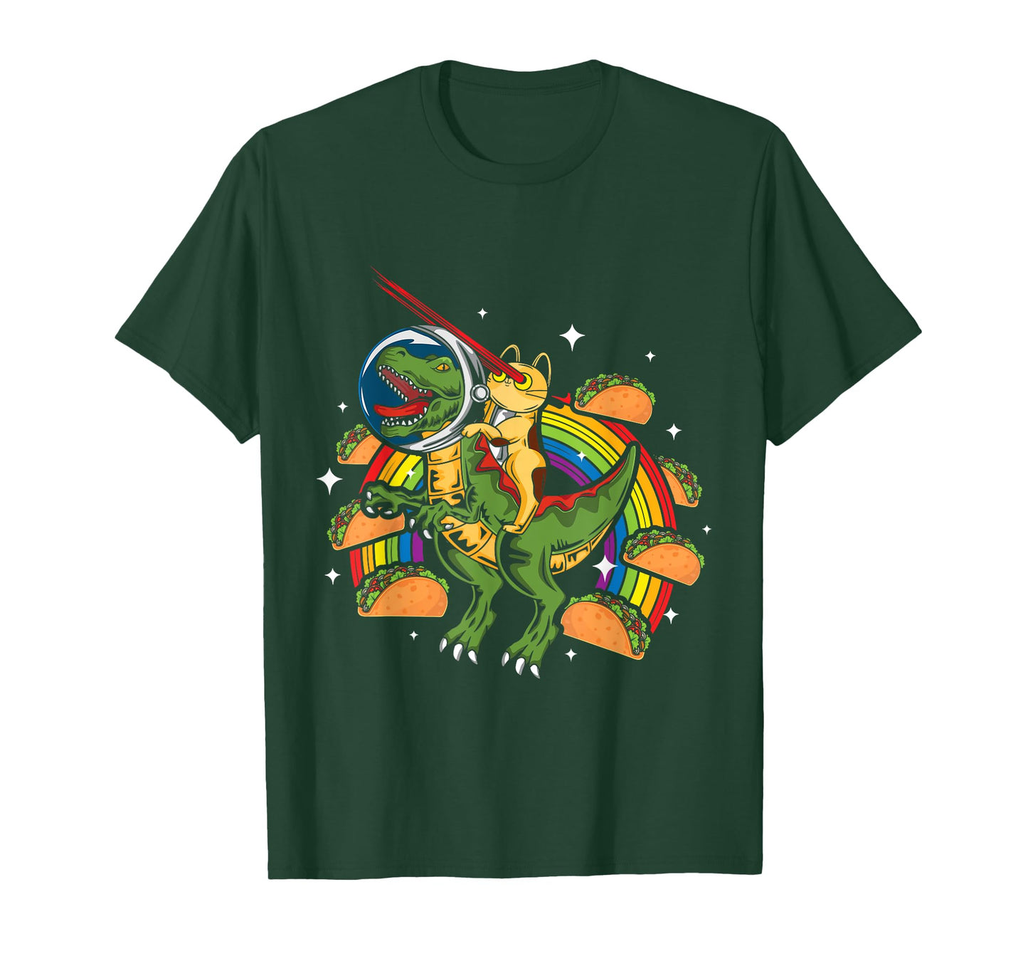 Crazy T-Rex Riding Cat Laser Eye Taco Rainbow Space Dinosaur T-Shirt for Men Women Girls Kids