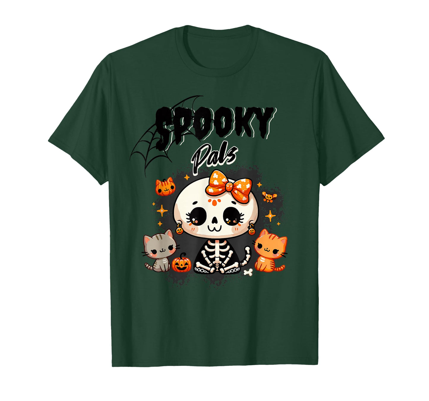 Spooky Pals Cute Skeleton with Cats and Pumpkins T-Shirt
