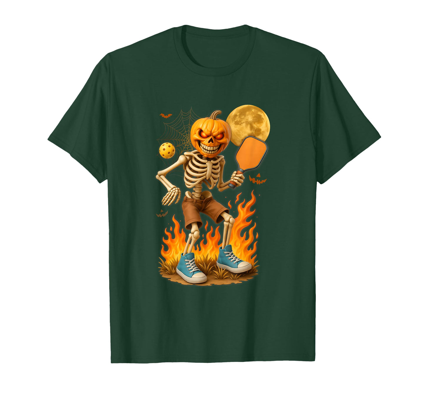 Pumpkin Head Skeleton Playing Pickleball Sports Halloween T-Shirt