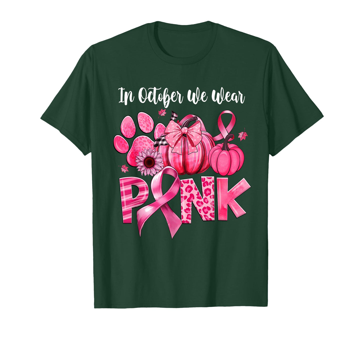 In October We Wear Pink Dog Paw Pumpkin Breast Cancer T-Shirt