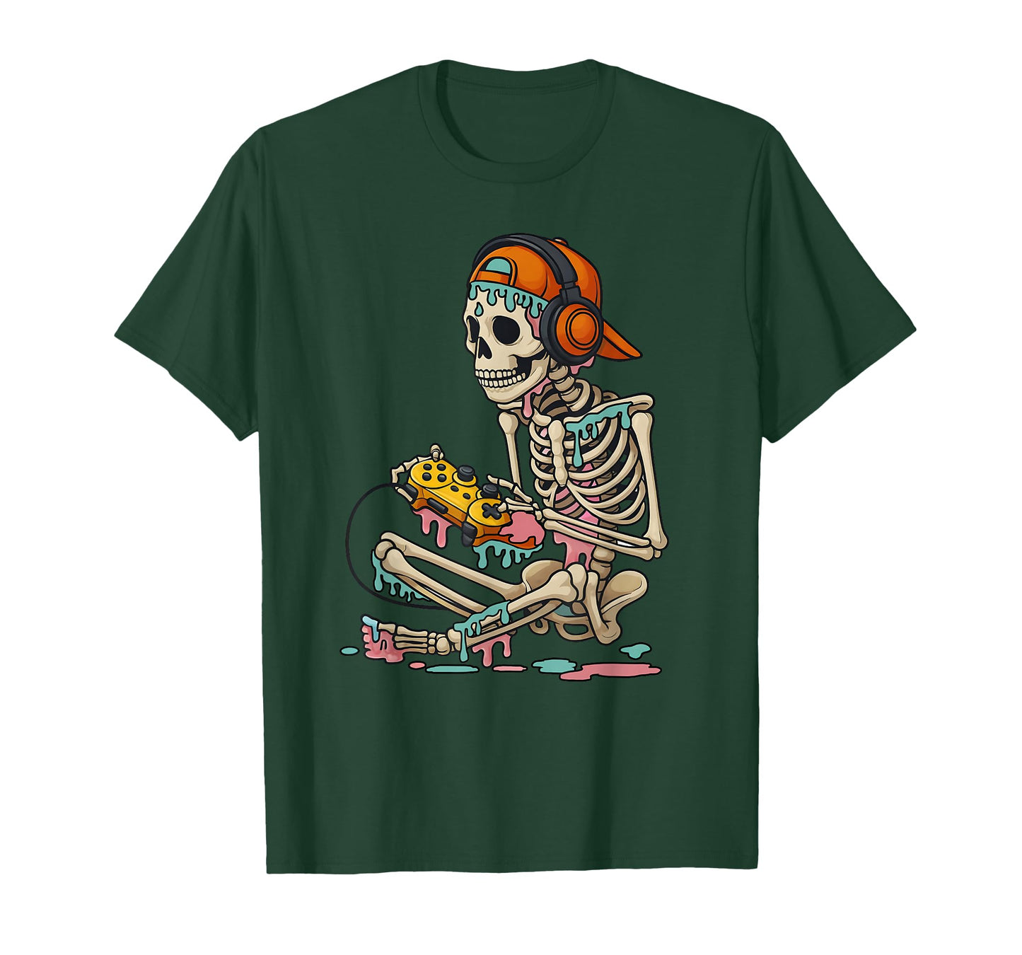 Halloween Skeleton Gamer Video Gaming Ice Cream Drip Skull T-Shirt