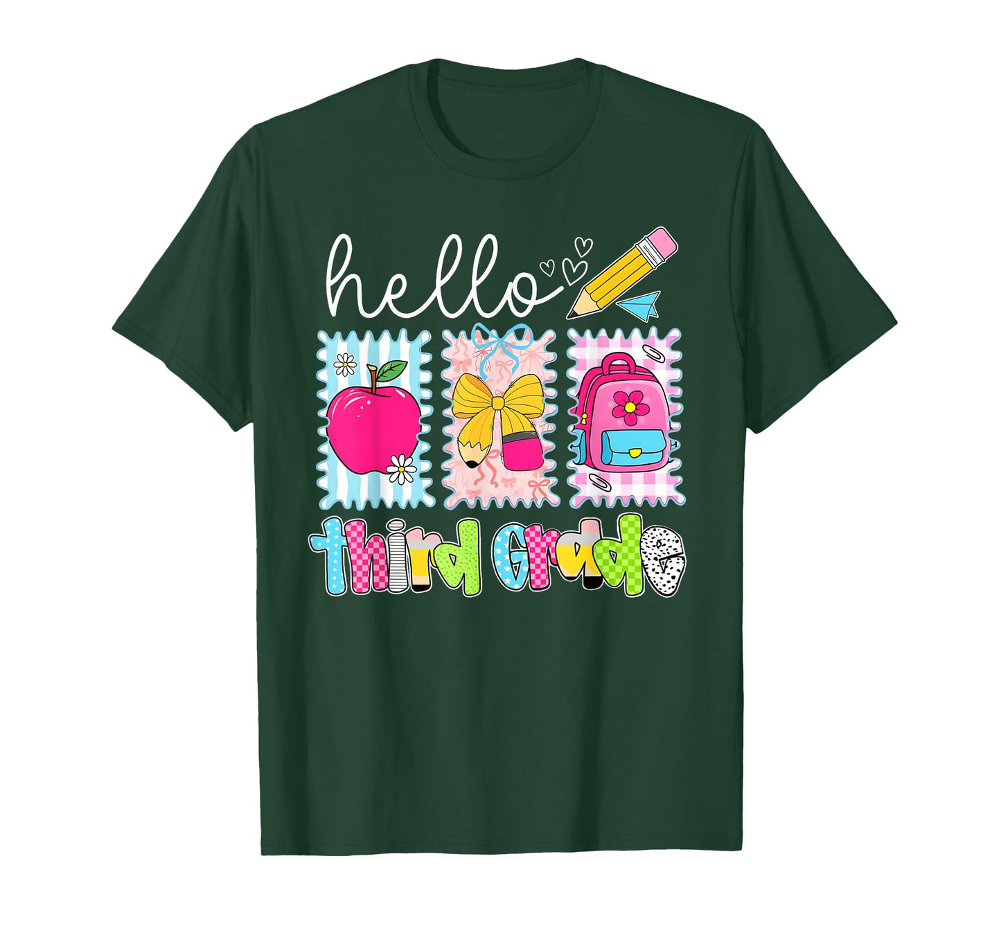 Back To School Hello Third Grade Teacher Coquette Pencil Bow T-Shirt