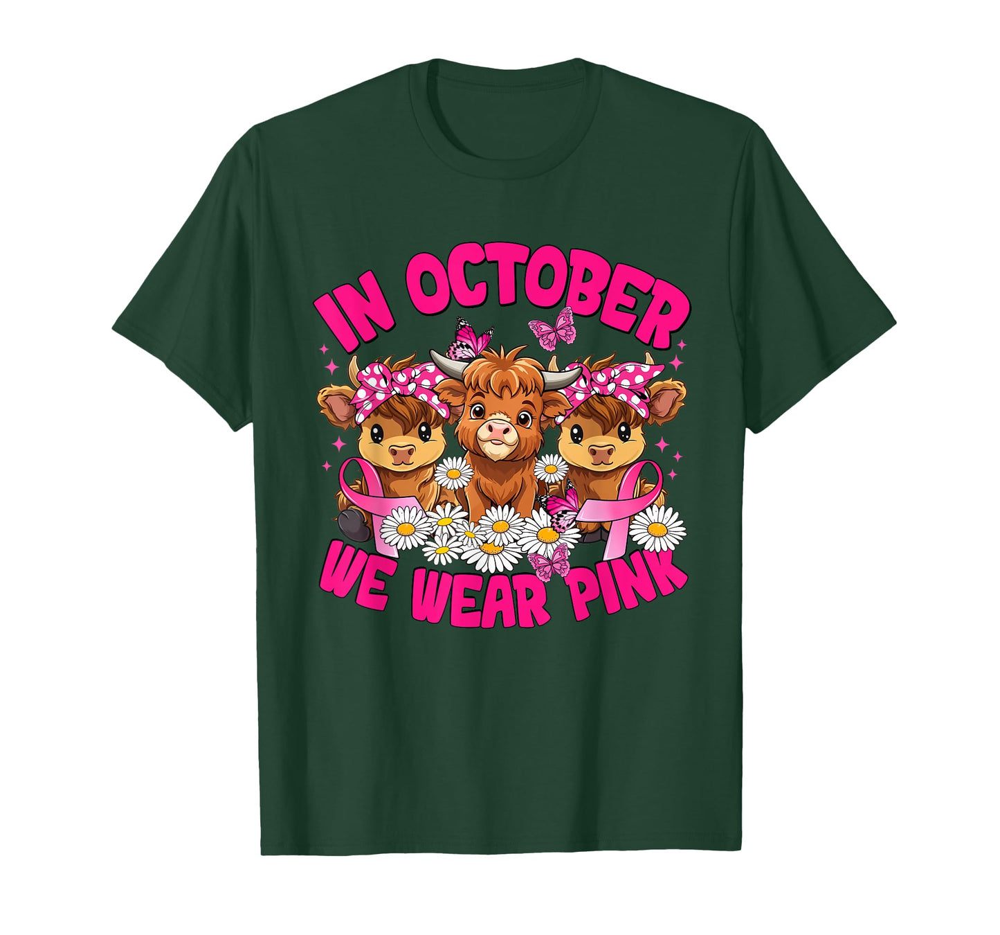 in October We Wear Pink Breast Cancer Highland Cow T-Shirt