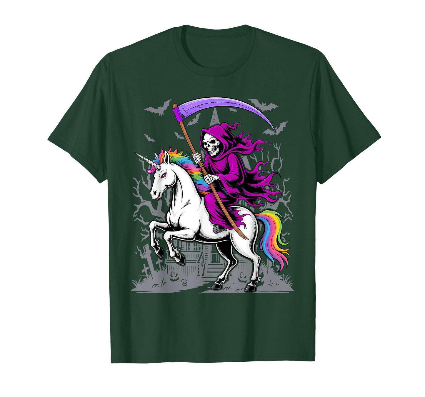 Grim Reaper Riding Unicorn Rainbow Skeleton Halloween T-Shirt
