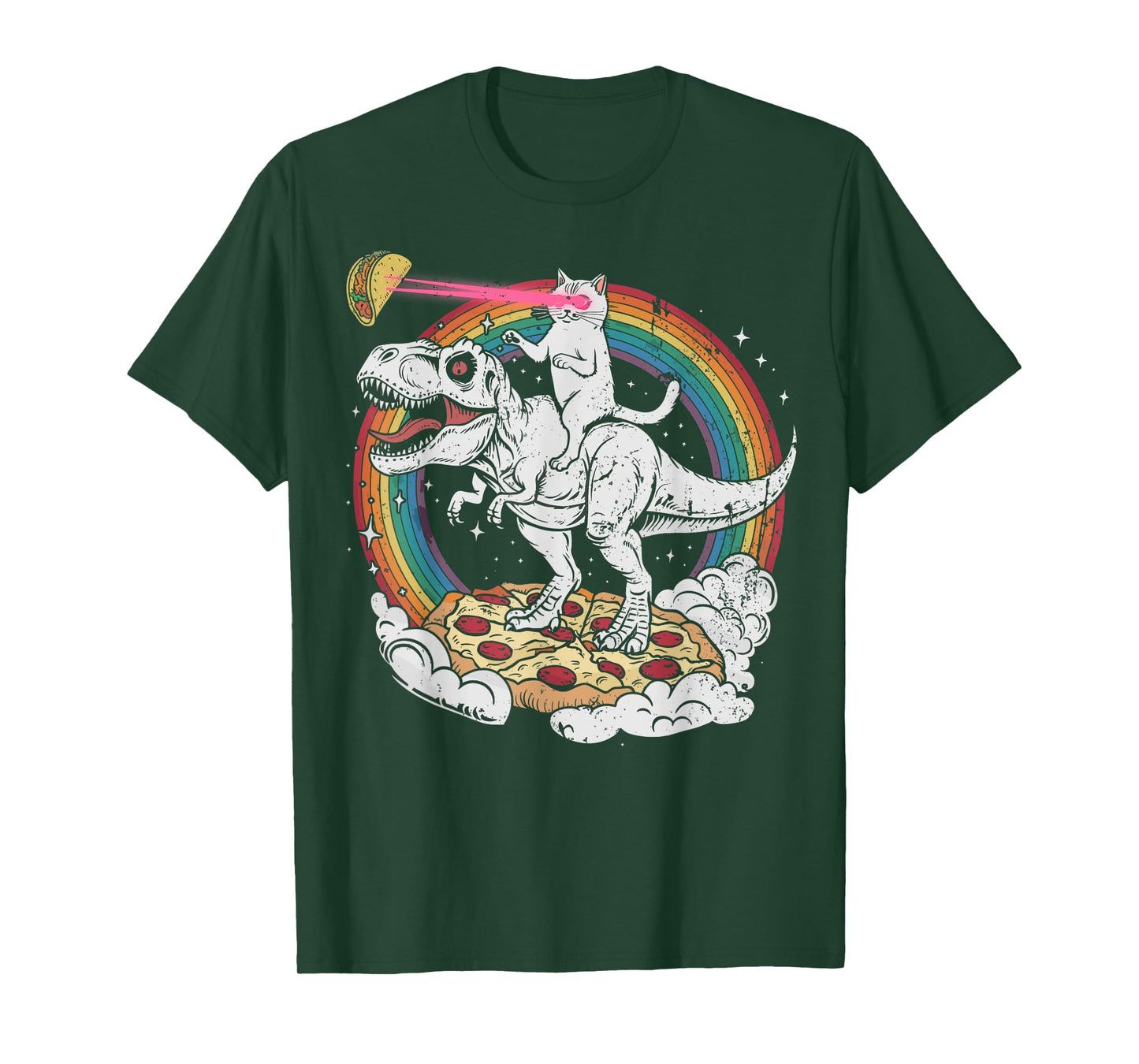Cat Riding Dinosaur T-Rex & Rainbow Taco Pizza Lover Space Men Women Girls Kids T-Shirt