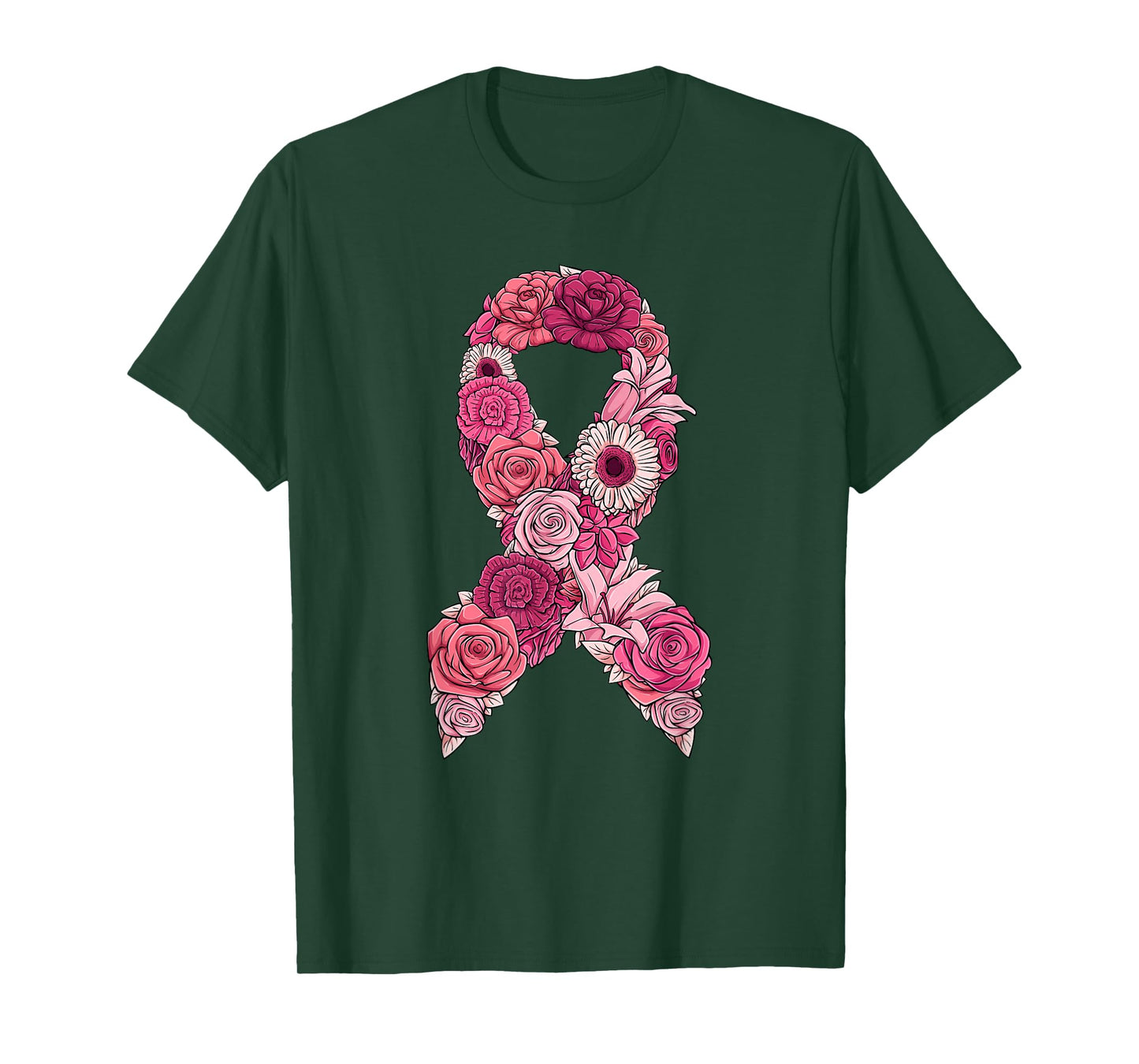 Pink Ribbon With Flowers Breast Cancer Awareness T-Shirt