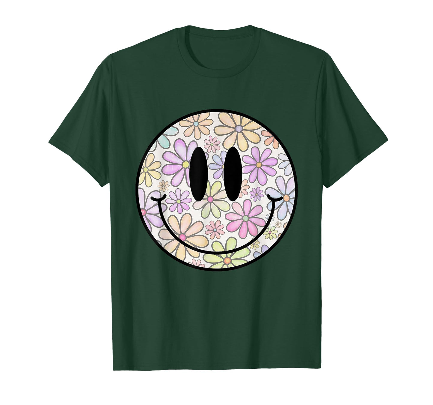 Retro Flower Happy Face Checkered Pattern Smile Face Trendy T-Shirt