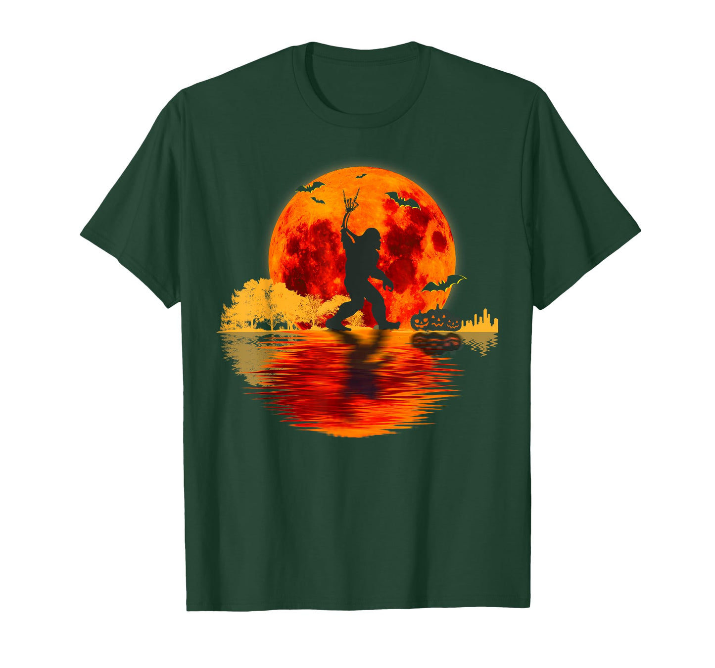 Skeleton Bigfoot Rock On Halloween Blood Moon Sasquatch T-Shirt