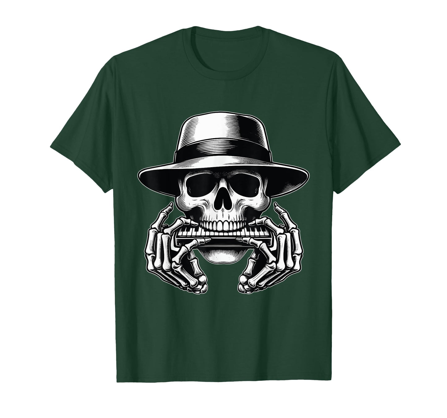 Skeleton Playing Harmonica Blues Musician Mouth Organ Player T-Shirt