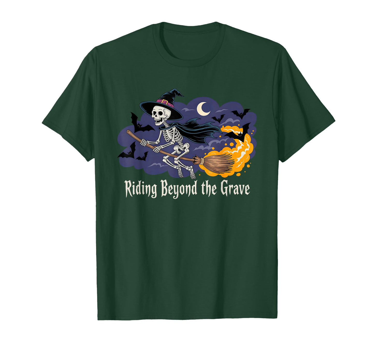 Skeleton Witch Hat Flying Broom Halloween Bats Moon Rider T-Shirt