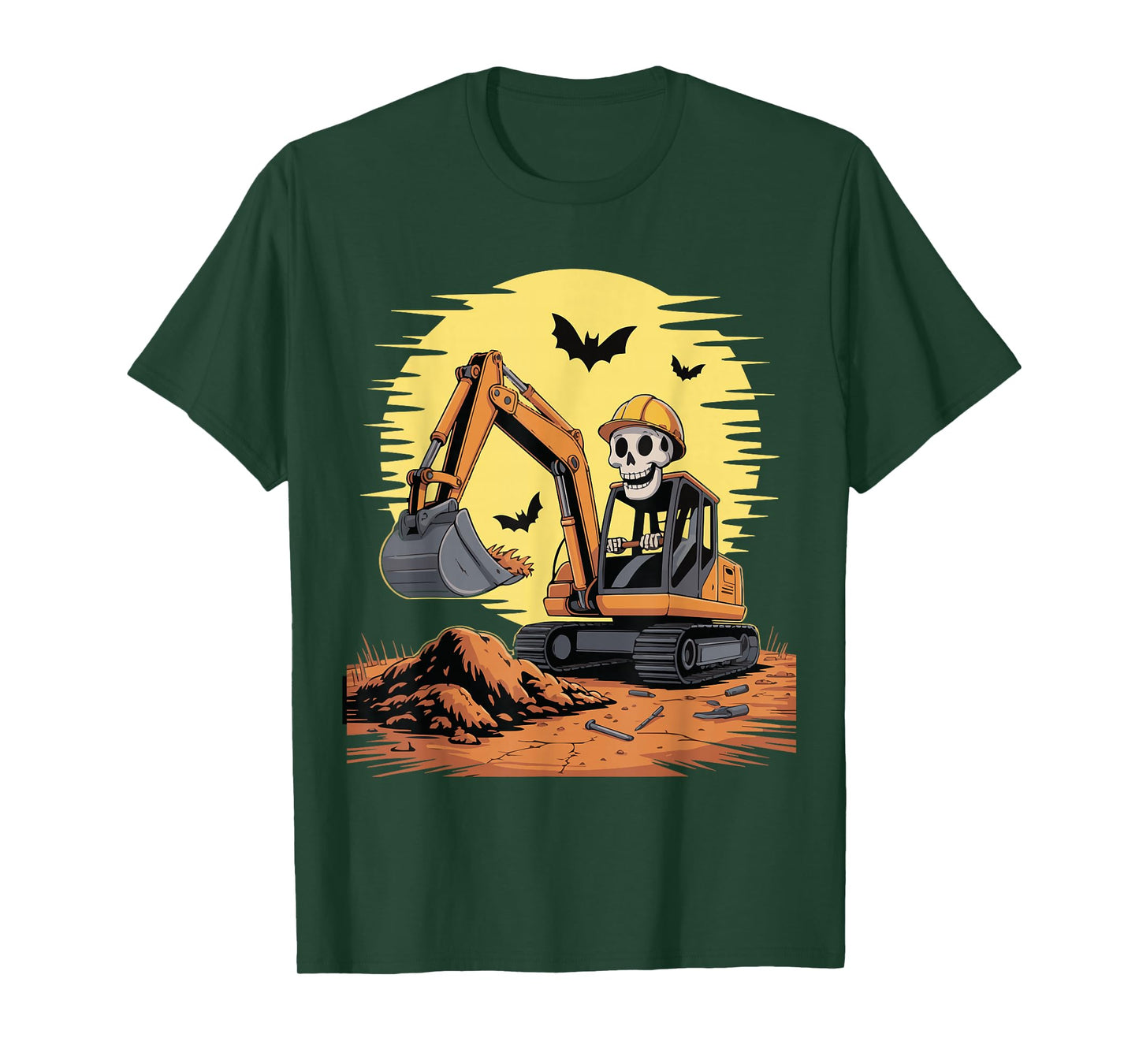 Skeleton Driving Excavator Funny Bones Construction Spooky T-Shirt