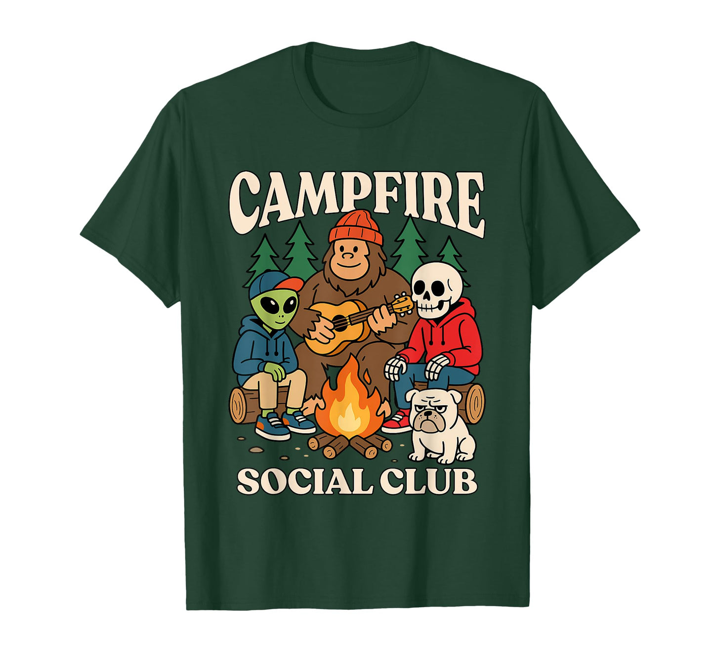 Cryptid Campfire Social Club Alien Bigfoot Skeleton Bulldog T-Shirt