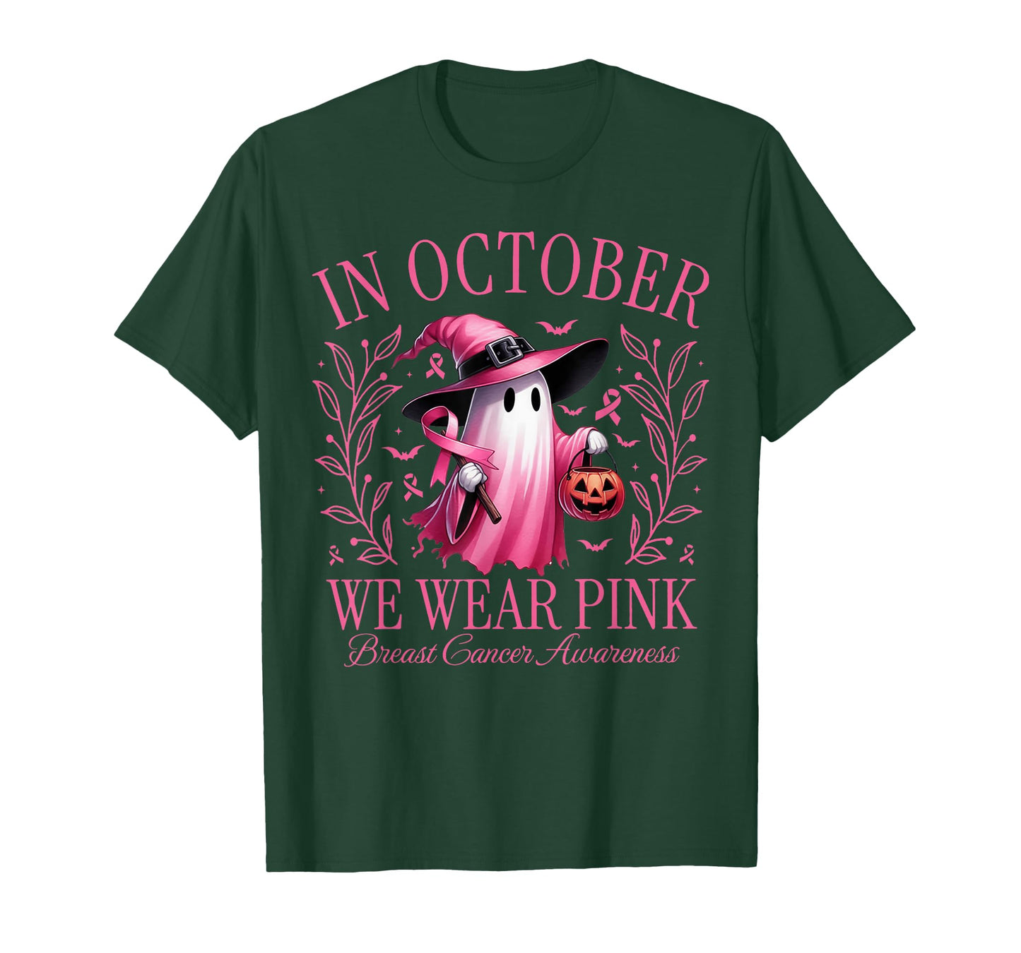 In October We Wear Pink Ghost Witch Breast Cancer Awareness T-Shirt
