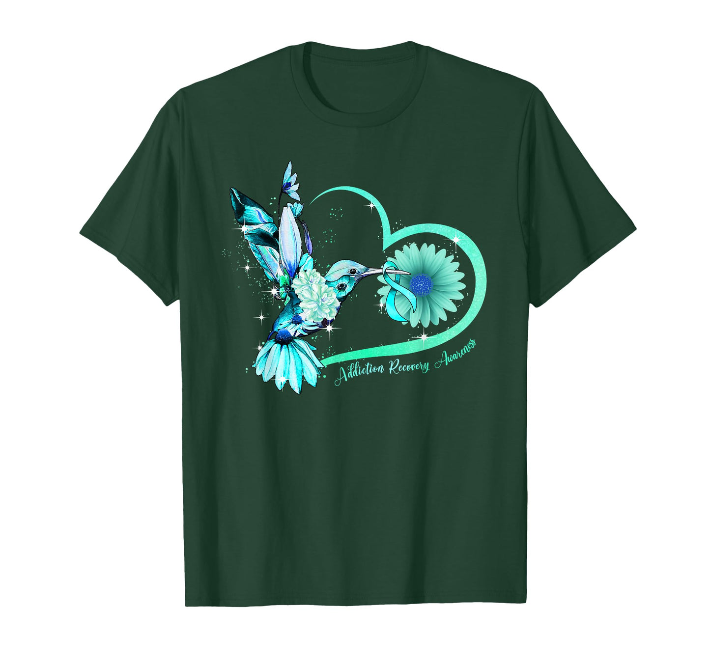 Hummingbird Sunflower Heart Teal Ribbon Addiction Recovery T-Shirt