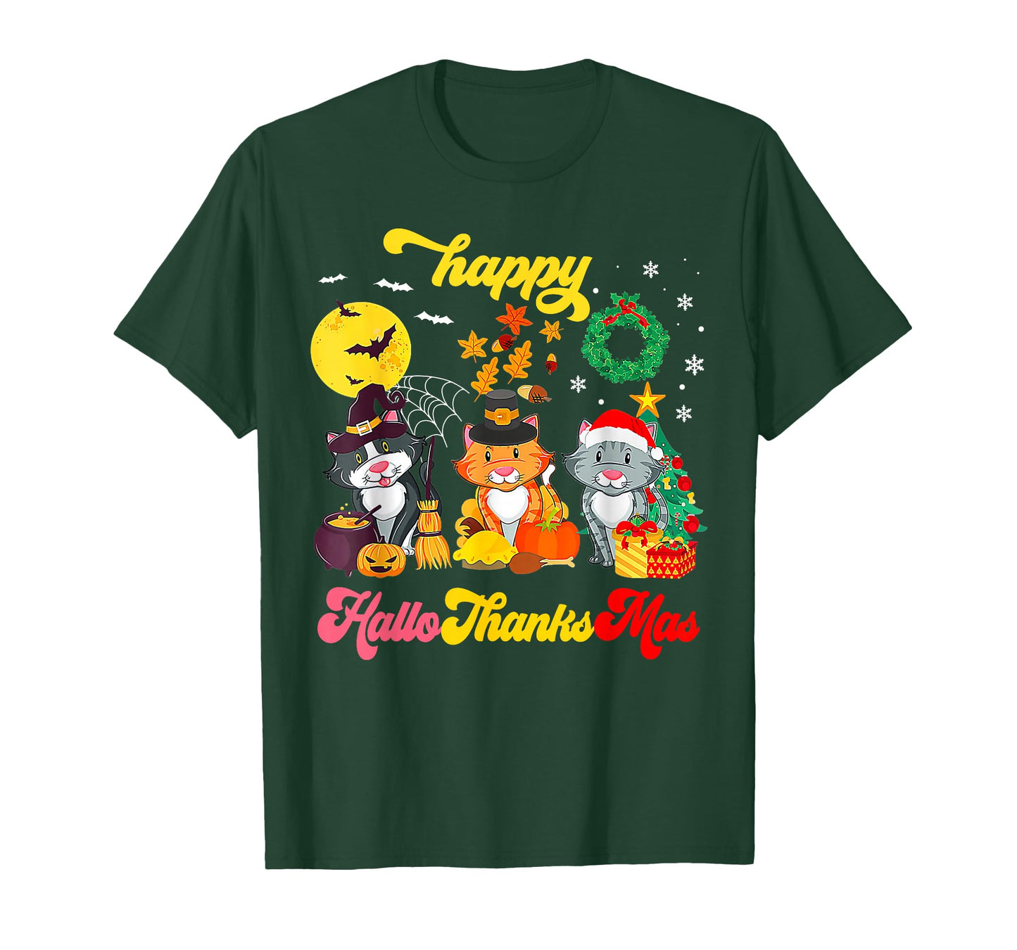Cat Halloween Christmas Happy Hallothanksmas Thanksgiving T-Shirt