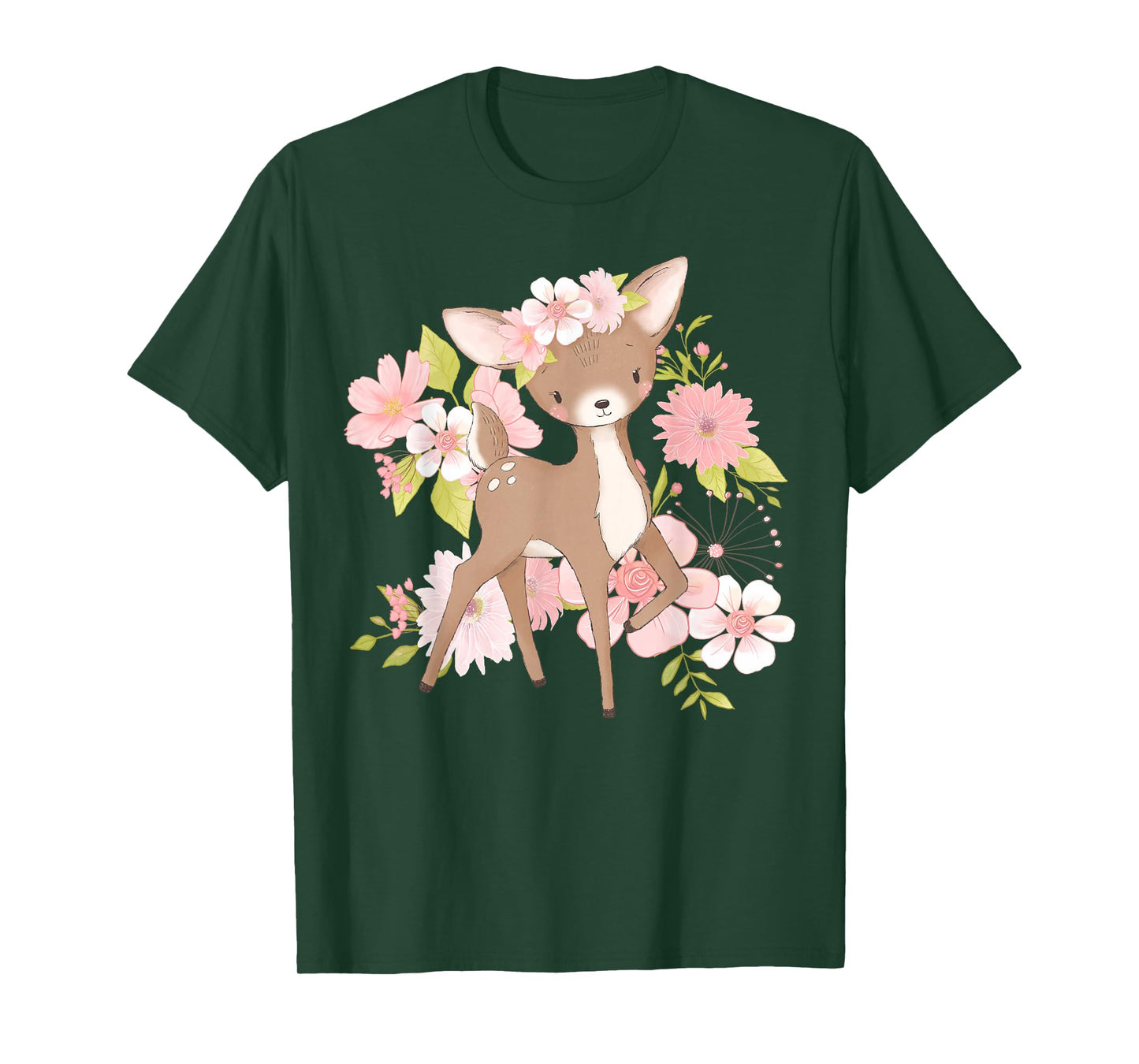 Adorable Floral Woodland Deer Harmony Cute Deer with Flowers and Blossoms T-Shirt - Black - Unisex - Kids - Short Sleeve - Modern - Animal Theme - All Seasons