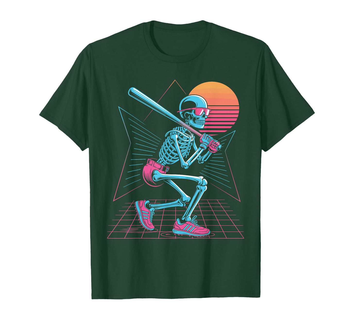 Retro 80s Skeleton Baseball Graphic Synthwave Hitter T-Shirt