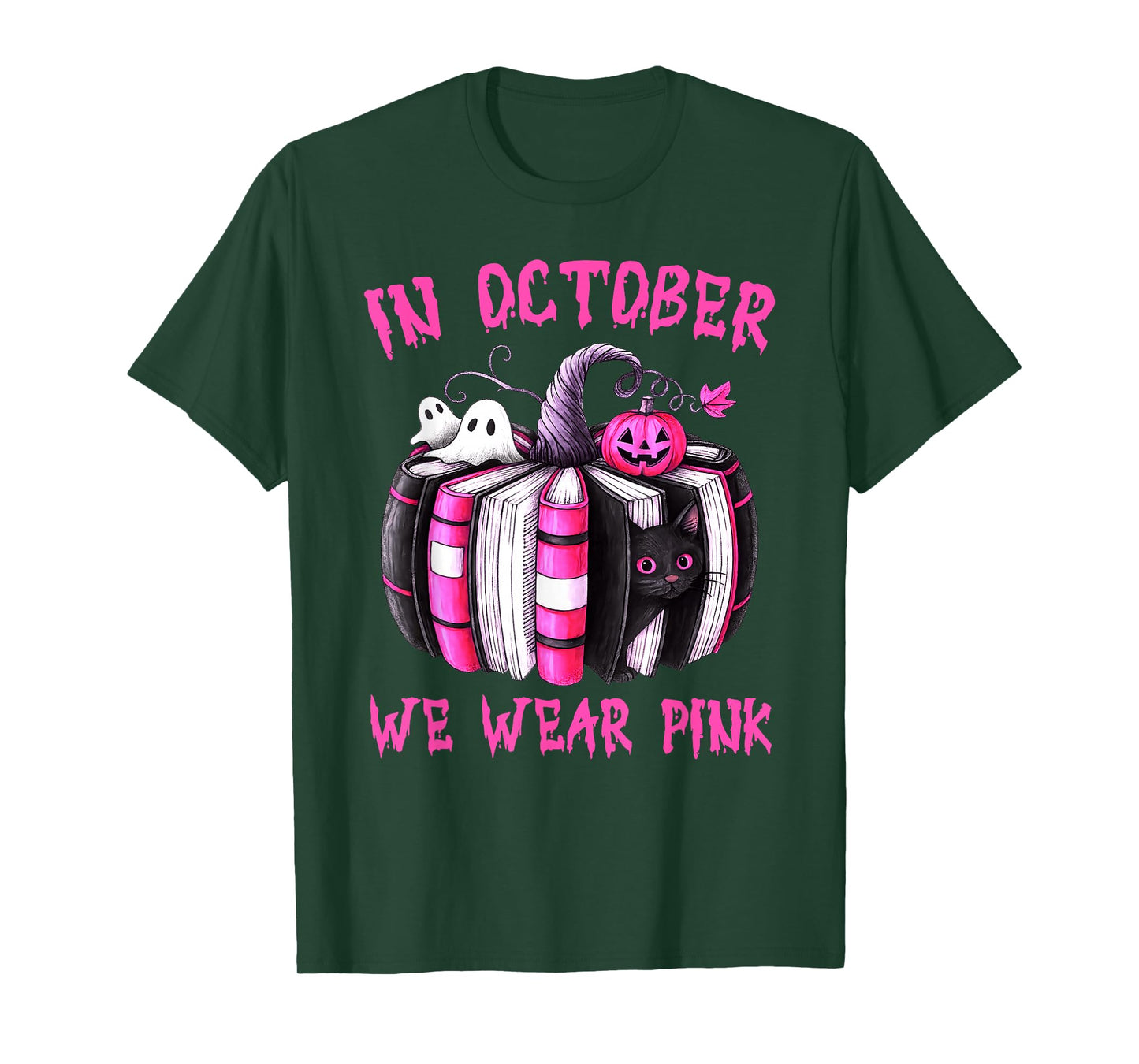 in October We Wear Pink Pumpkin Book Breast Cancer Awareness T-Shirt