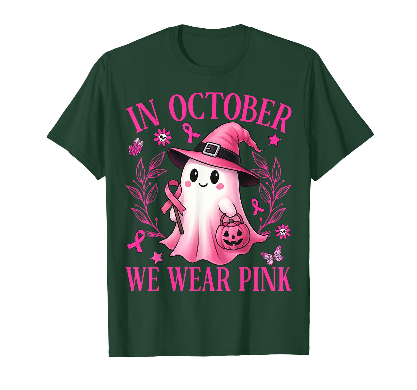 In October We Wear Pink Ghost Witch Breast Cancer Awareness T-Shirt