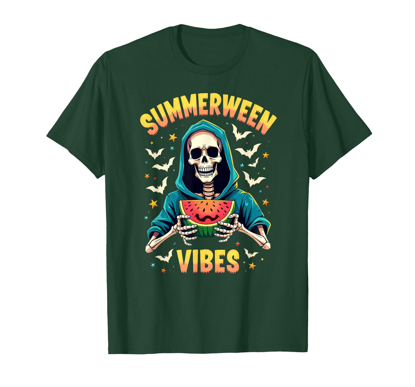 Ghost Skeleton Eating Watermelon Summerween Vibes T-Shirt