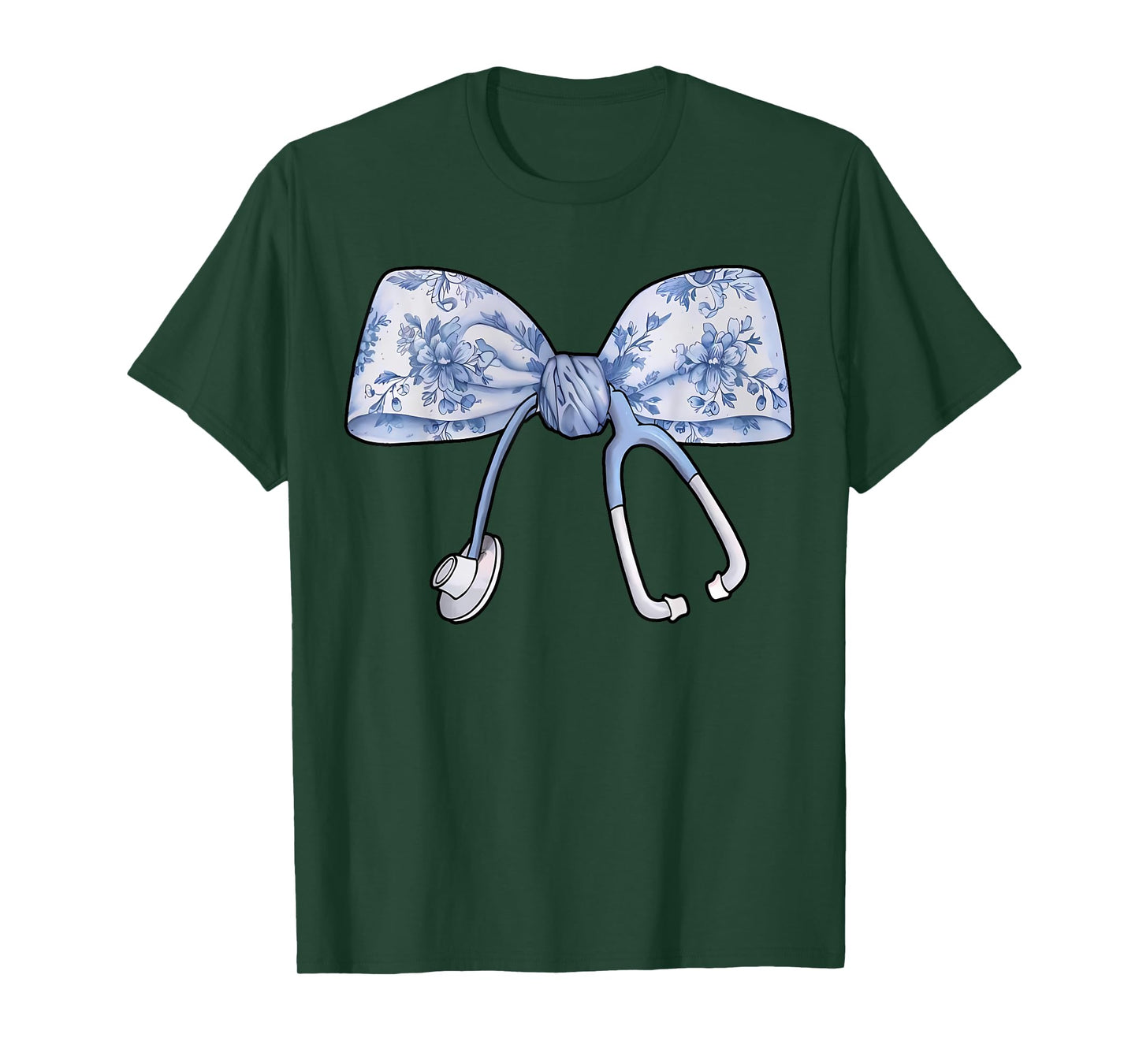 Floral Cute Blue Coquette Bow Stethoscope Registered Nurse T-Shirt