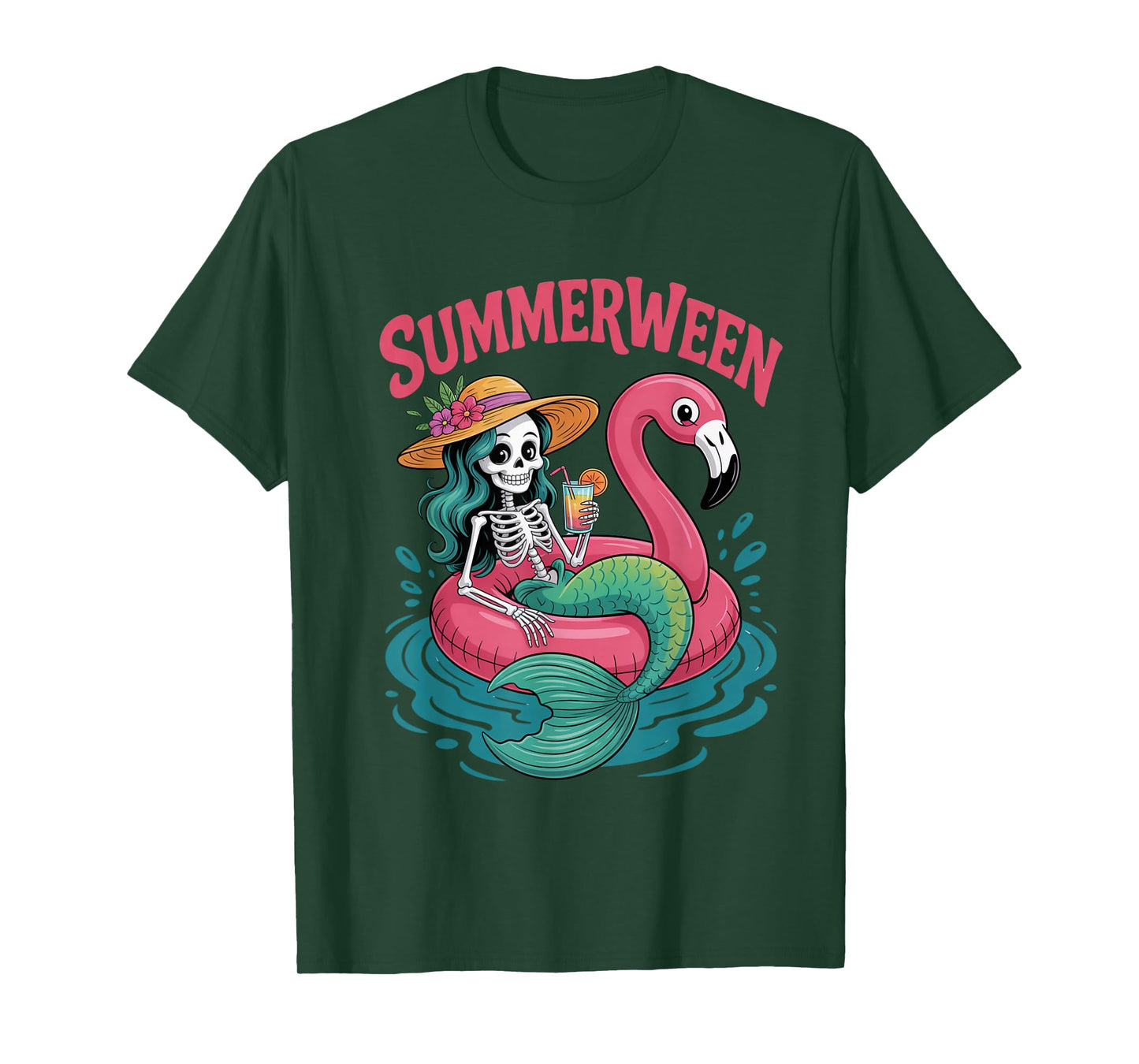 Summerween Outfit – Skeleton Mermaid with Flamingo Float T-Shirt