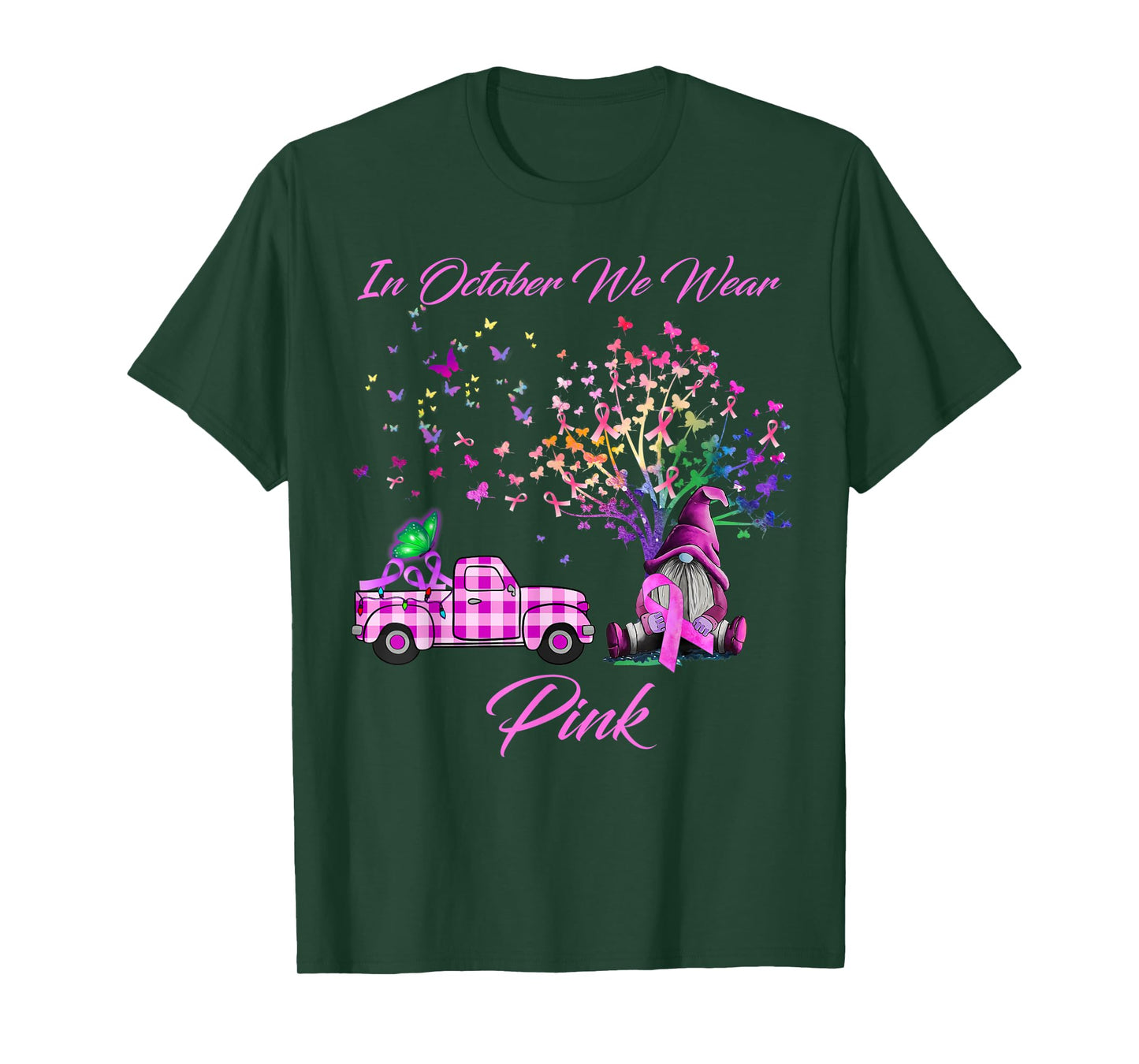 In October We Wear Pink Gnome Tree Breast Cancer Awareness T-Shirt