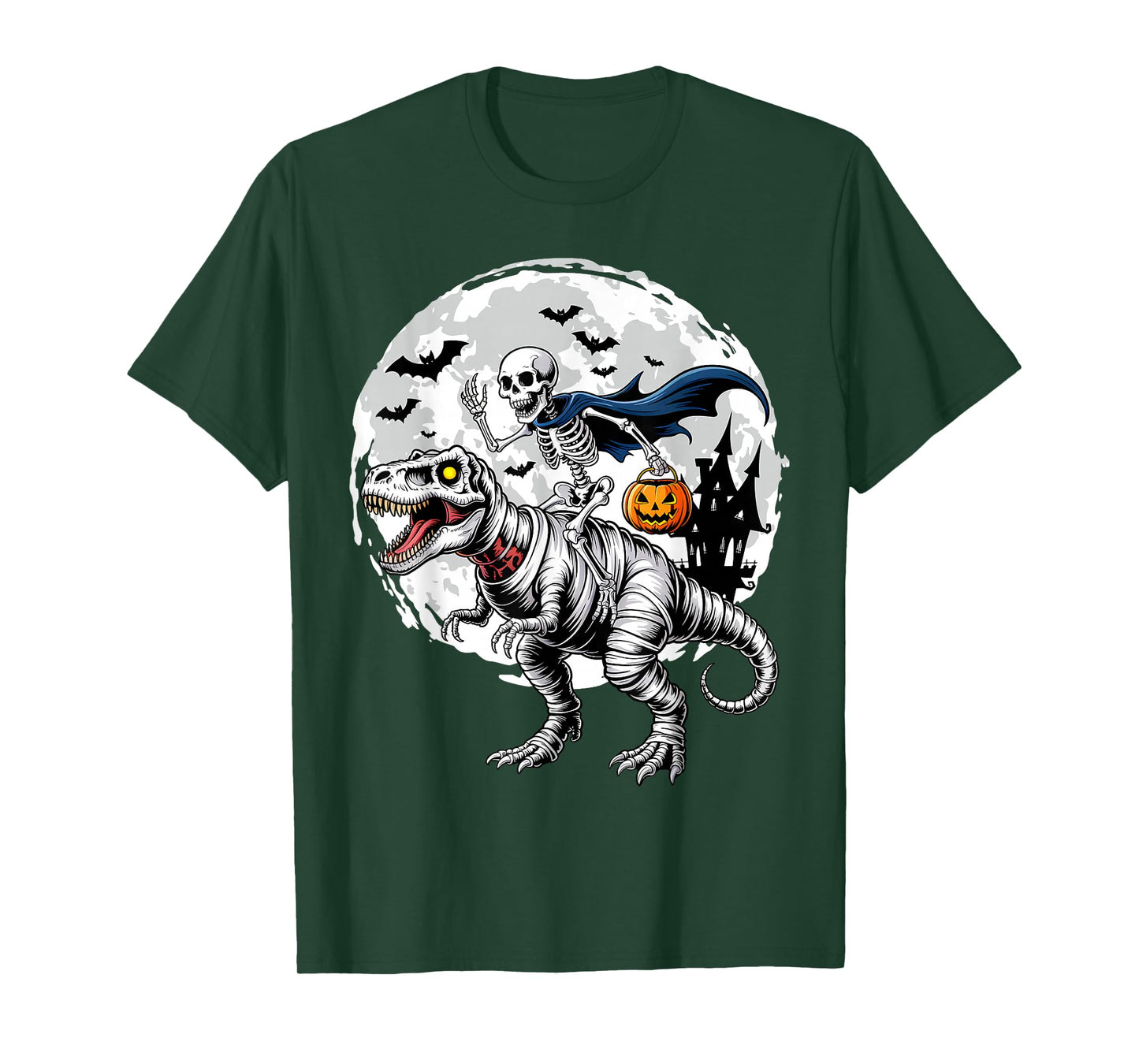 Skeleton Riding Mummy Dinosaur T Rex Pumpkin Funny Halloween T-Shirt