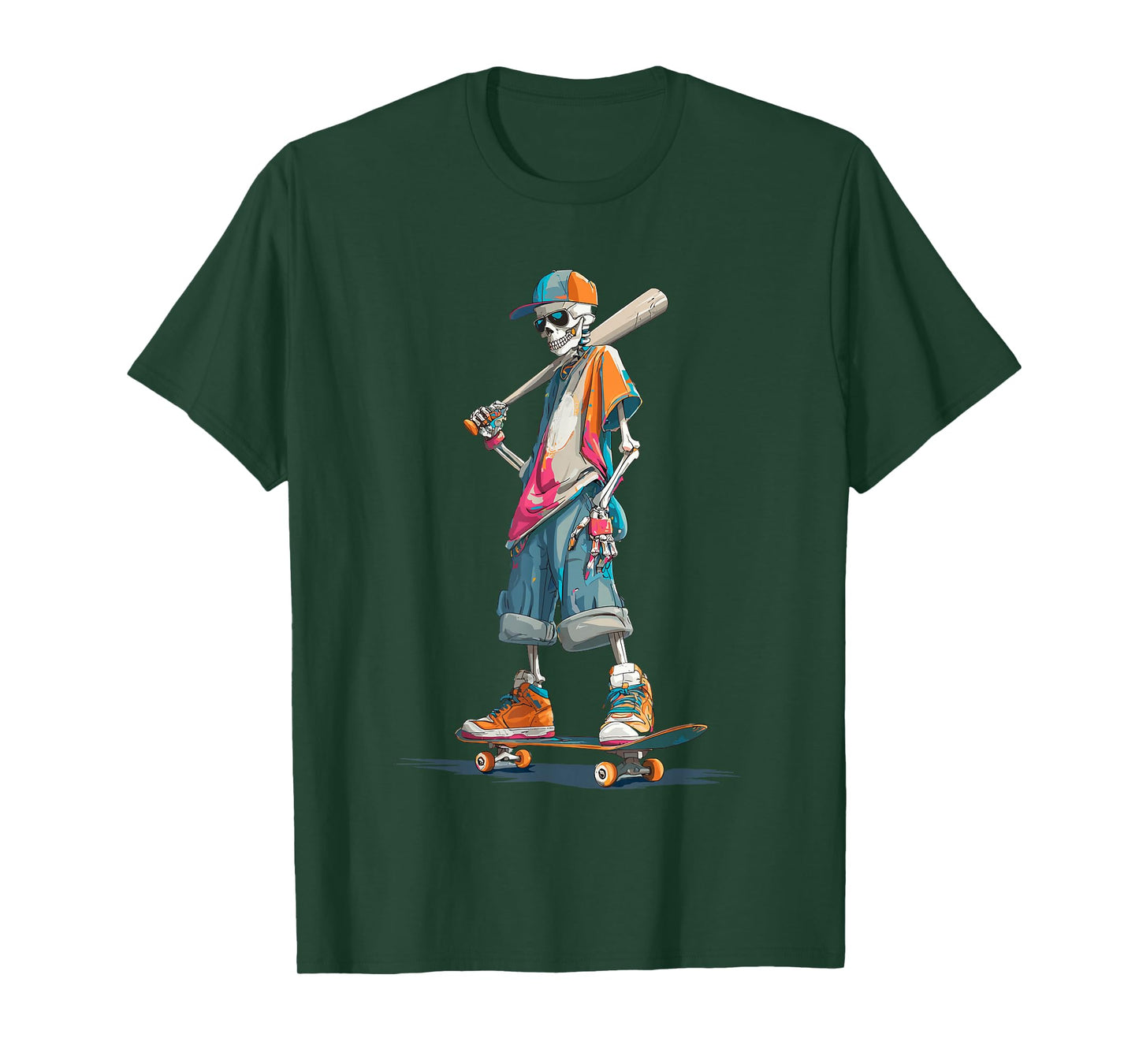 Halloween Skeleton Skater Baseball Bat Graphic Streetwear T-Shirt